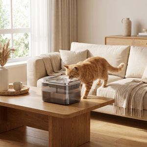 Orange tabby cat drinking from automatic pet water fountain on wooden table in cozy living room