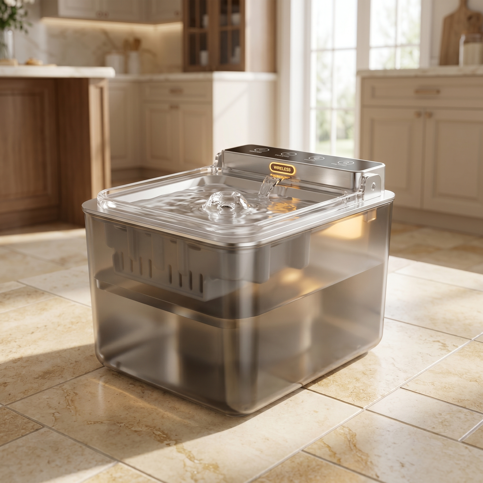 Wireless pet water fountain with flowing stream, ideal for cats and dogs in modern kitchens