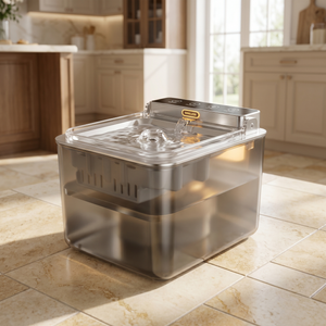 Wireless pet water fountain with flowing stream, ideal for cats and dogs in modern kitchens