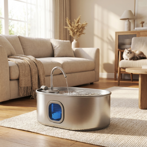 Stainless steel pet water fountain with flowing water, blue filter window, in cozy living room with cat nearby