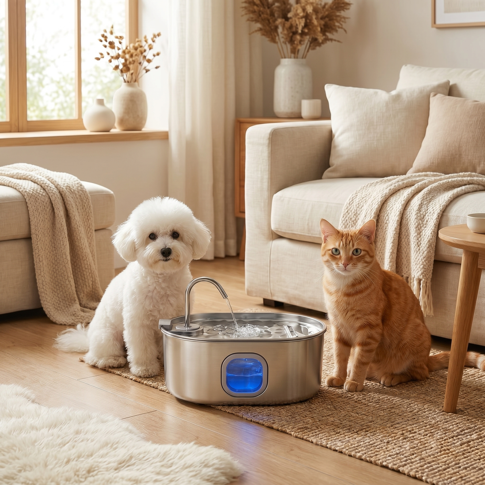 Cat and dog beside stainless steel pet water fountain with blue light in cozy living room
