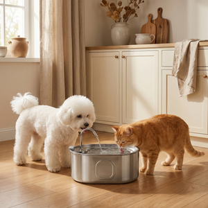 White dog and orange cat drinking from stainless steel pet water fountain in cozy kitchen
