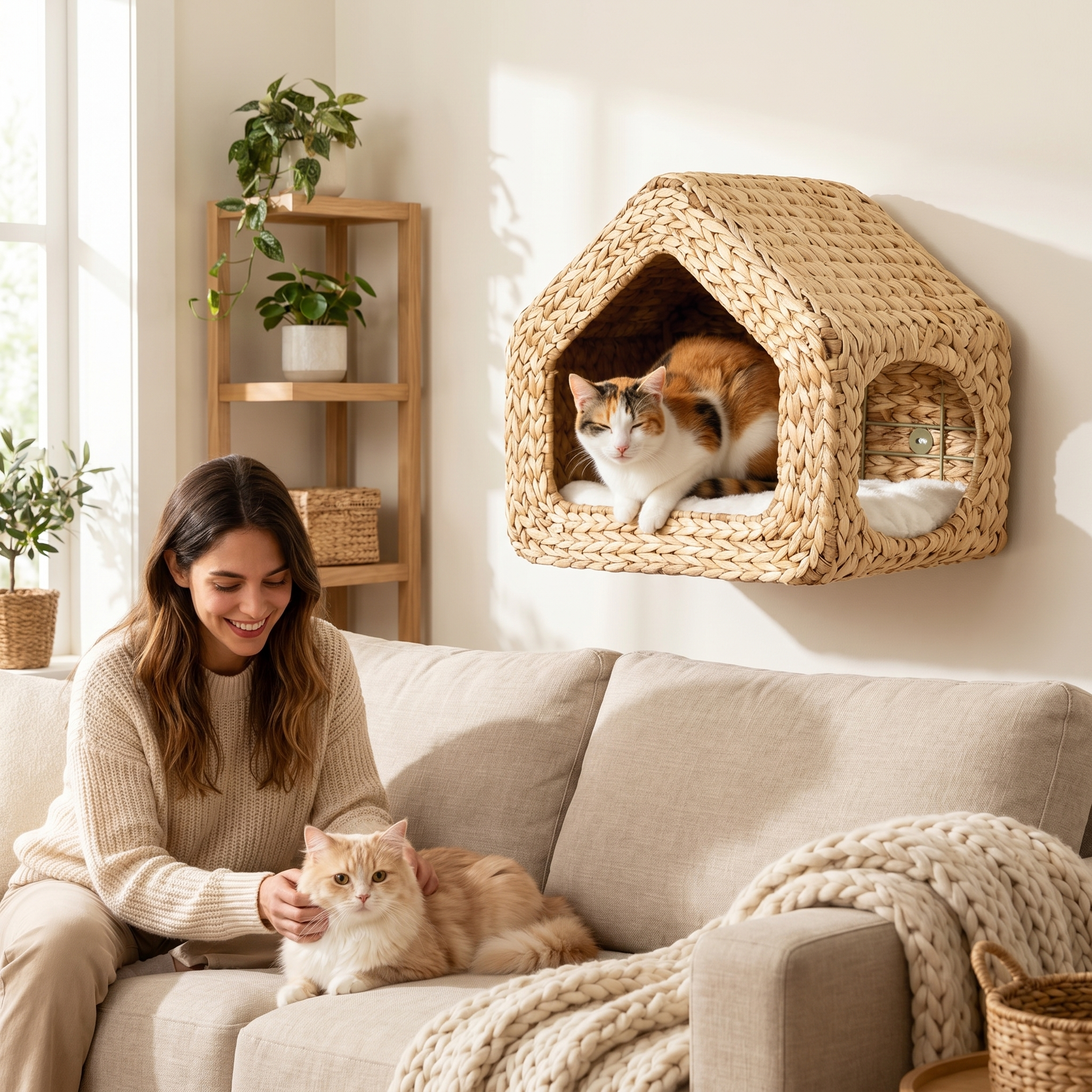 Woven wall-mounted cat bed with cozy calico cat, woman petting ginger cat on sofa