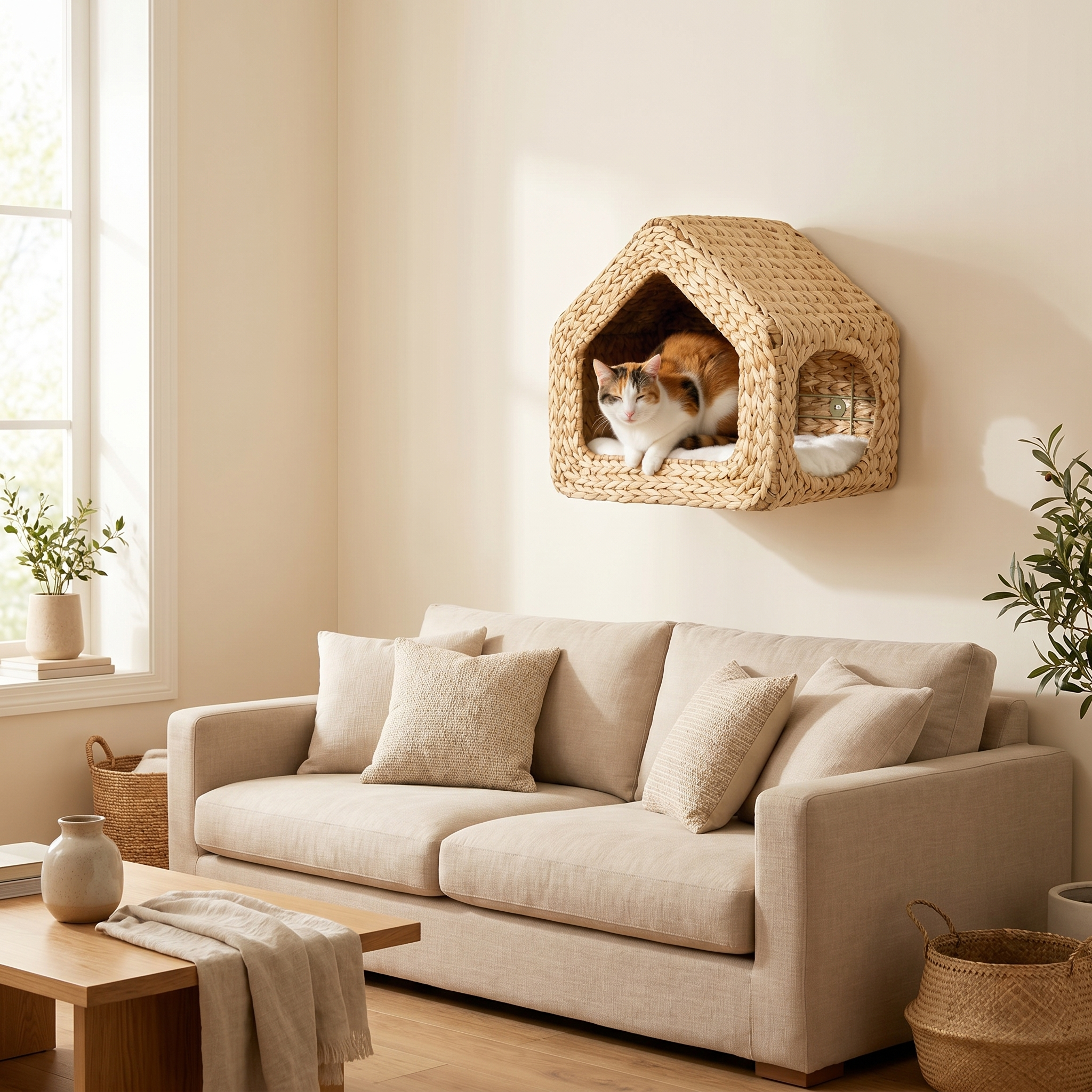 Calico cat resting in woven wall-mounted cat bed above cozy living room sofa