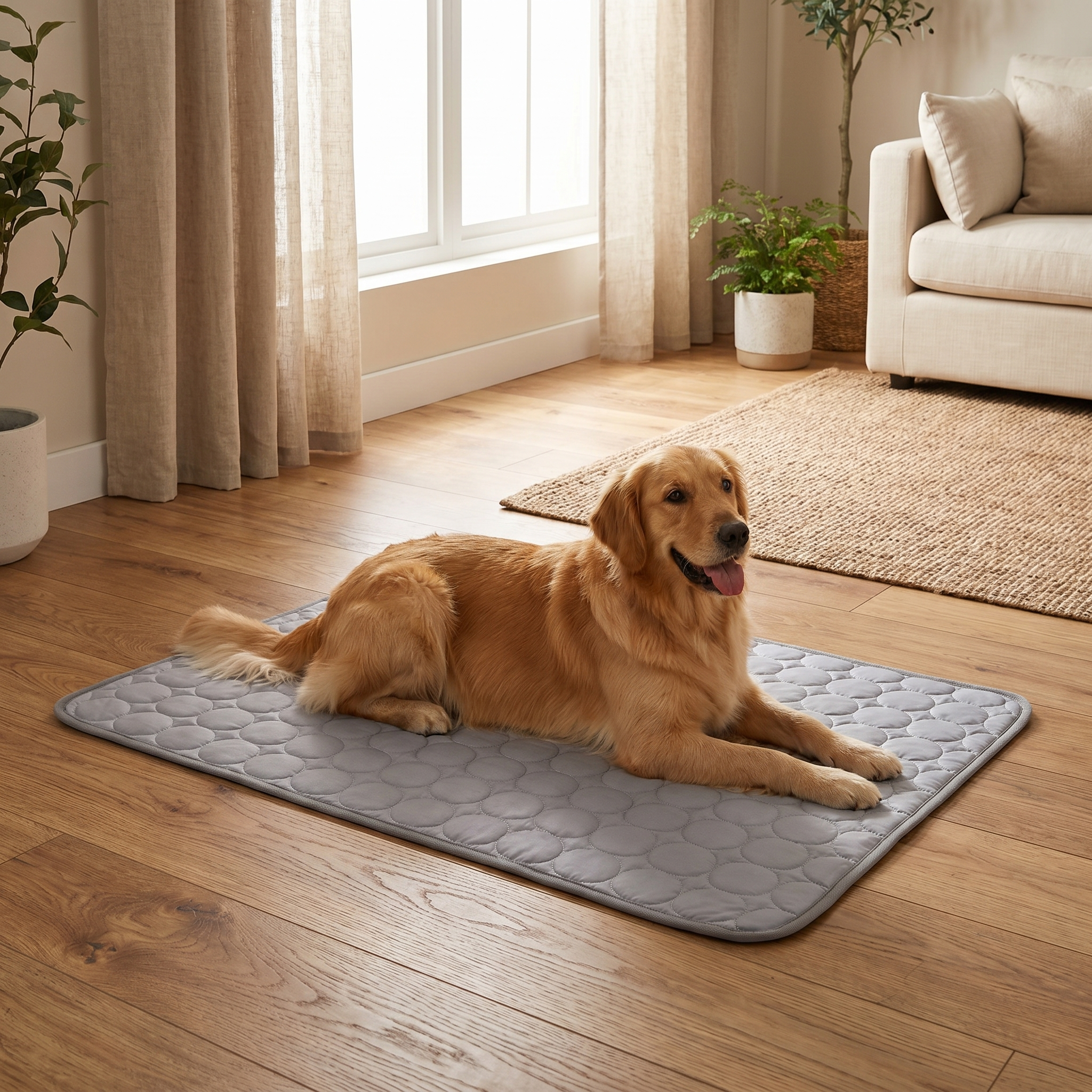 Golden retriever resting on gray quilted cooling mat for dogs in cozy living room