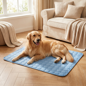 Golden retriever resting on blue quilted cooling mat for dogs in cozy living room