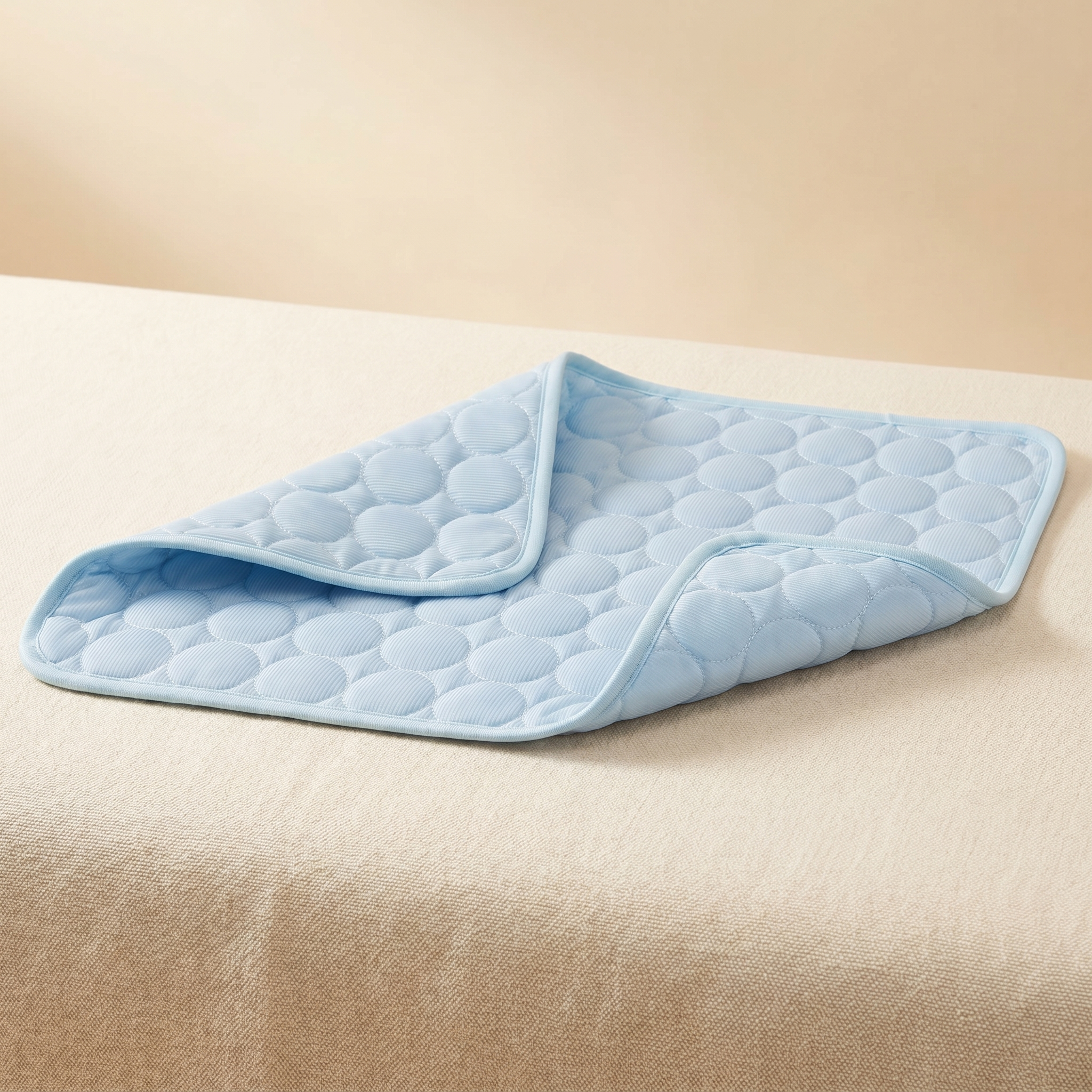 Light blue quilted pet cooling mat for cats and dogs, soft comfort design on beige surface
