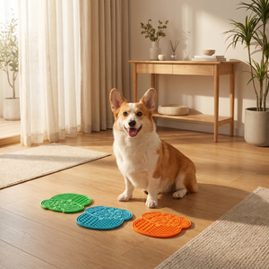 Happy corgi with colorful slow feeder mats on hardwood floor, perfect for dog mealtime comfort and enrichment.