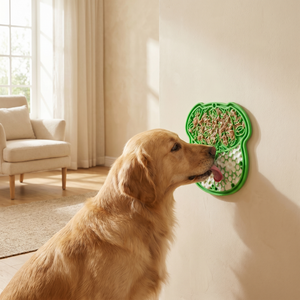 Golden retriever licking green wall-mounted slow feeder for dogs in cozy living room