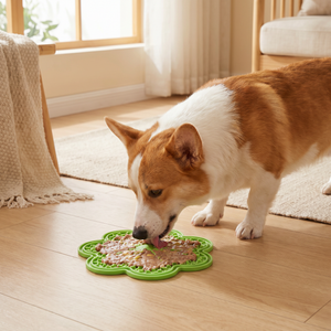 Corgi eating from green slow feeder mat on hardwood floor, promoting calm mealtime for dogs