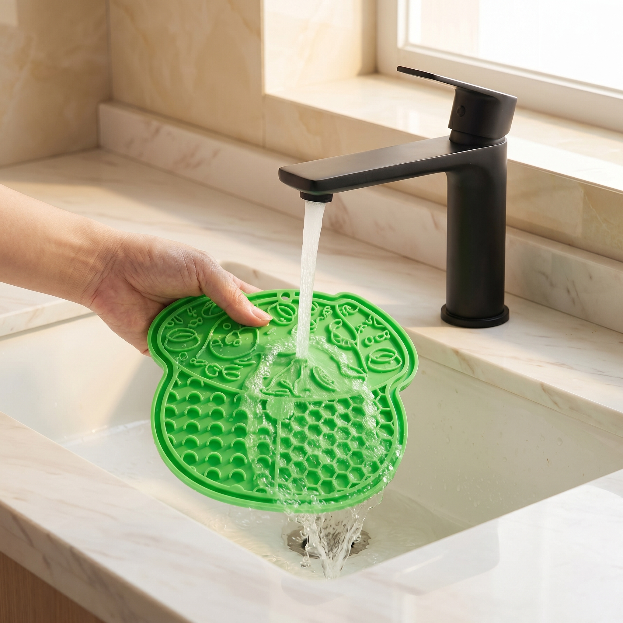 Green silicone pet cooling mat being rinsed under faucet, ideal for cats and dogs comfort.