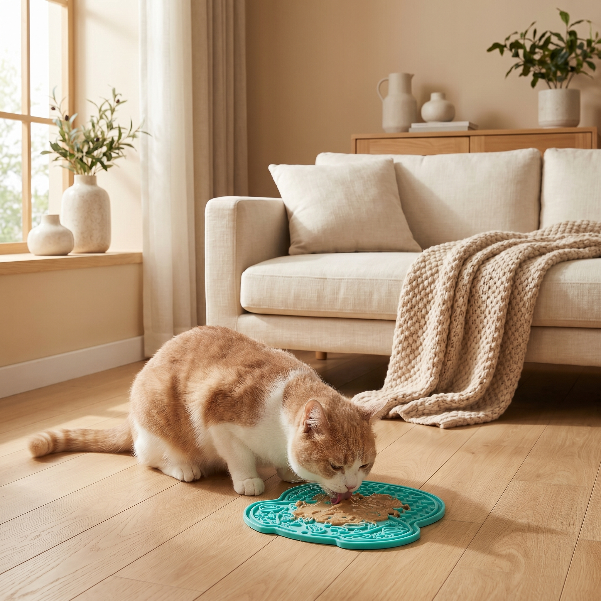 Orange and white cat eating from teal slow feeder mat on hardwood floor in cozy living room