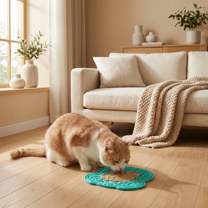 Orange and white cat eating from teal slow feeder mat on hardwood floor in cozy living room