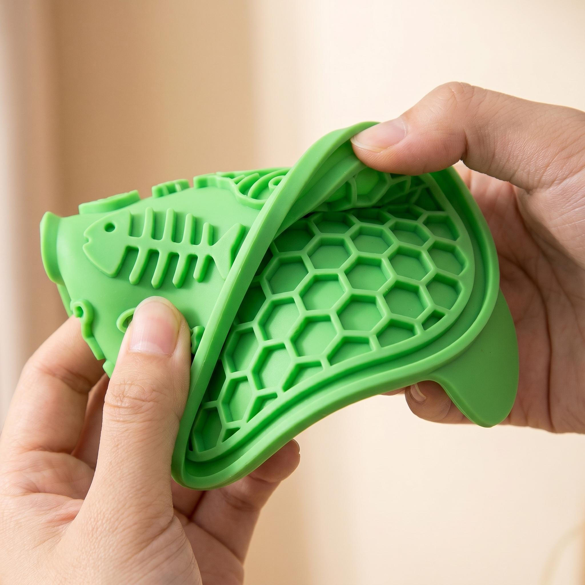 Green fish-shaped silicone pet slow feeder with honeycomb texture for cats and dogs