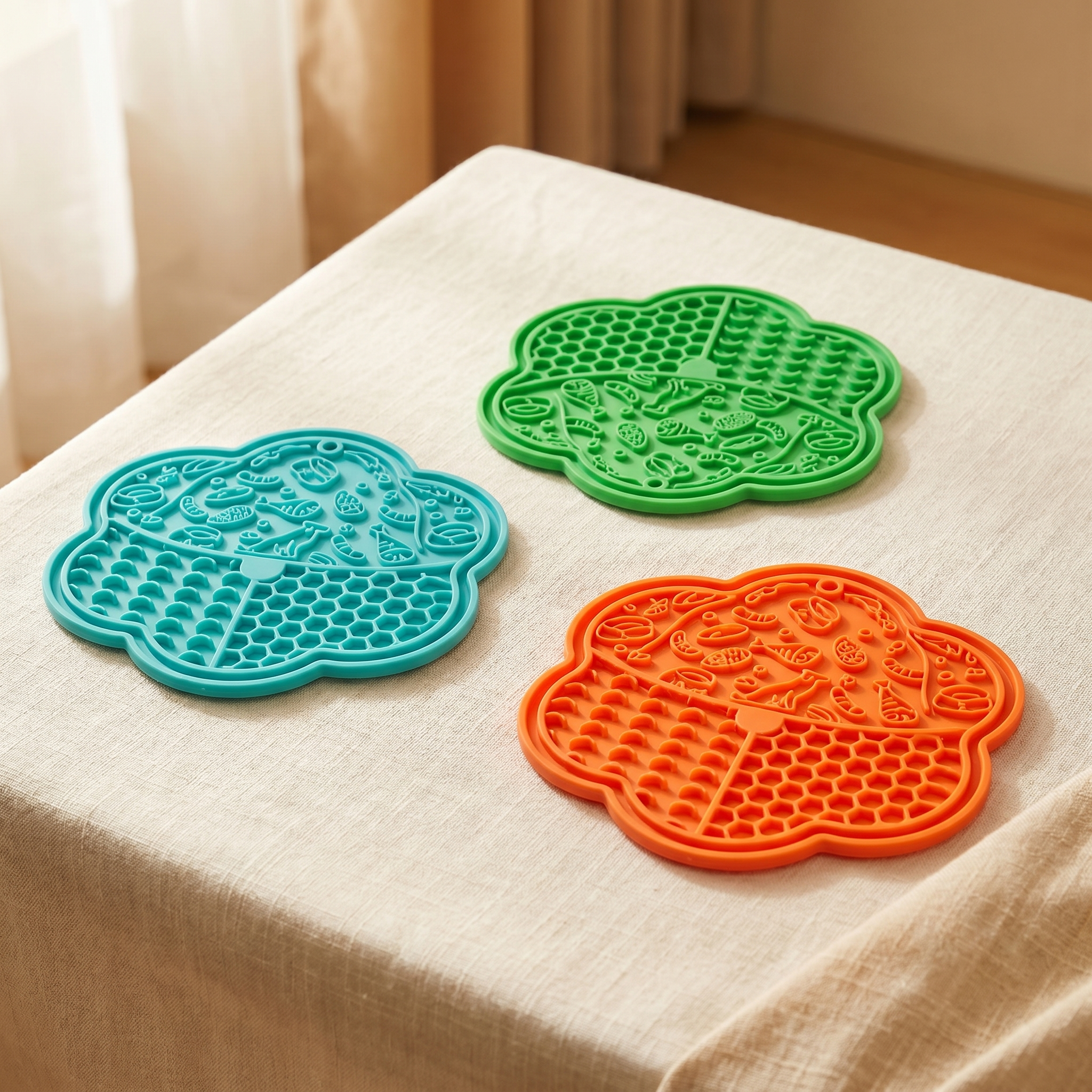 Colorful silicone slow feeder mats for dogs with puzzle designs to promote calm eating and mental stimulation