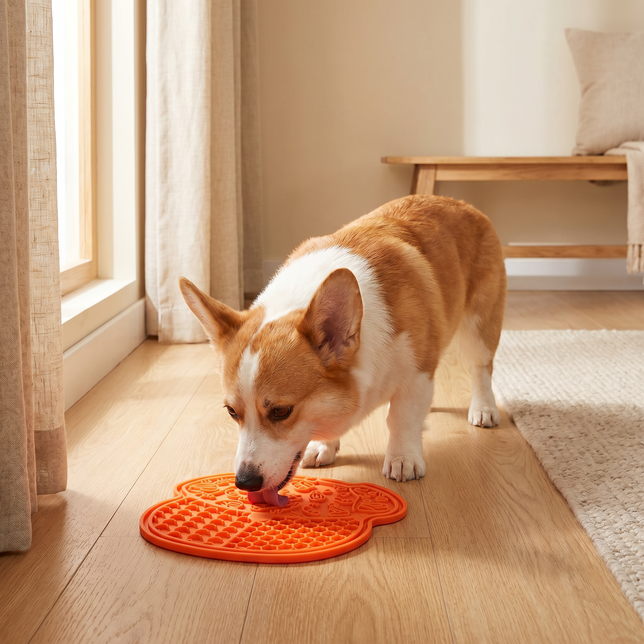 Corgi using orange slow feeder mat on hardwood floor near window, promoting calm mealtime for dogs