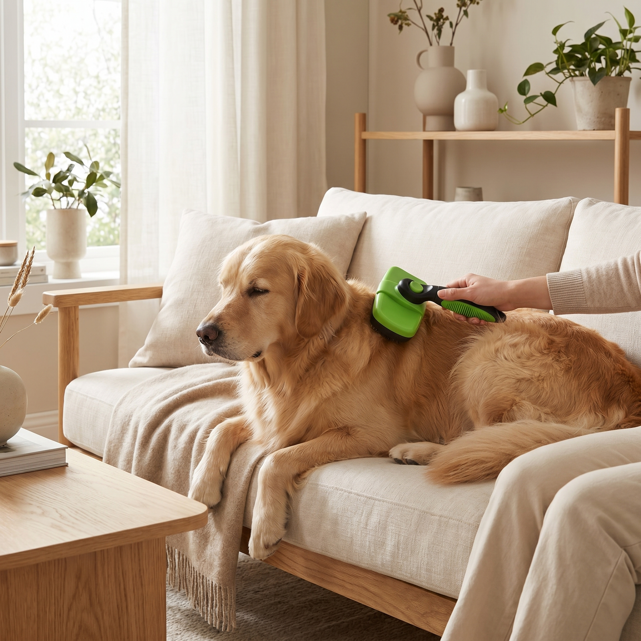 Golden retriever relaxing on cozy sofa while being brushed with green deshedding tool for dogs