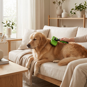 Golden retriever relaxing on cozy sofa while being brushed with green deshedding tool for dogs