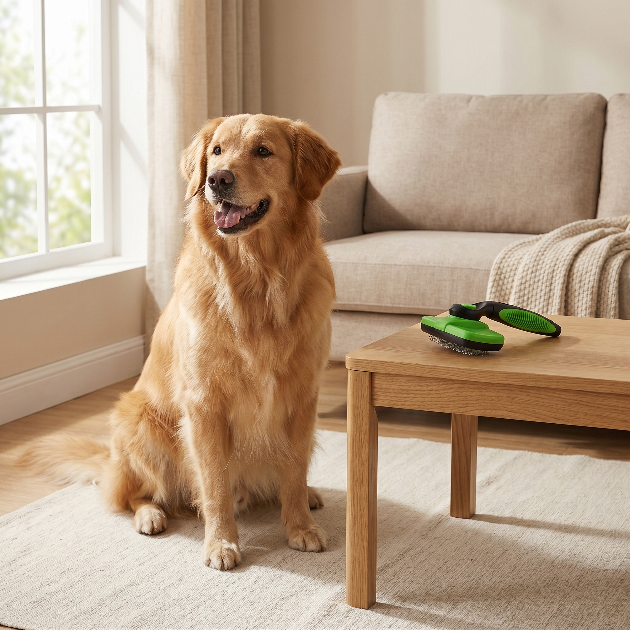 Golden retriever beside green deshedding brush on coffee table in cozy living room
