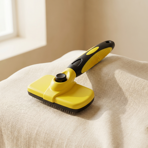 Yellow and black pet grooming brush on cozy fabric, ideal for cats and dogs