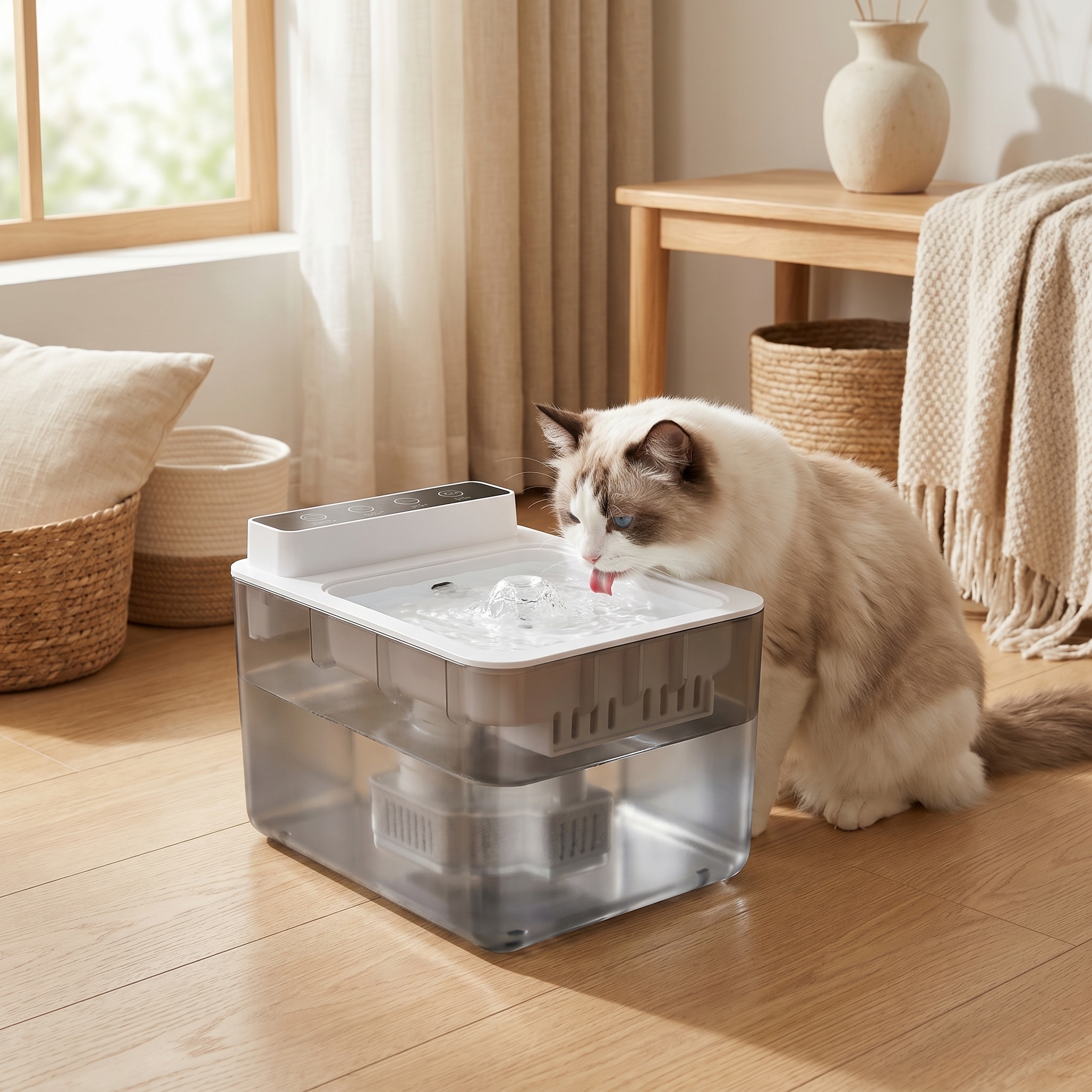 Cat drinking from quiet, filtered pet water fountain in cozy home setting