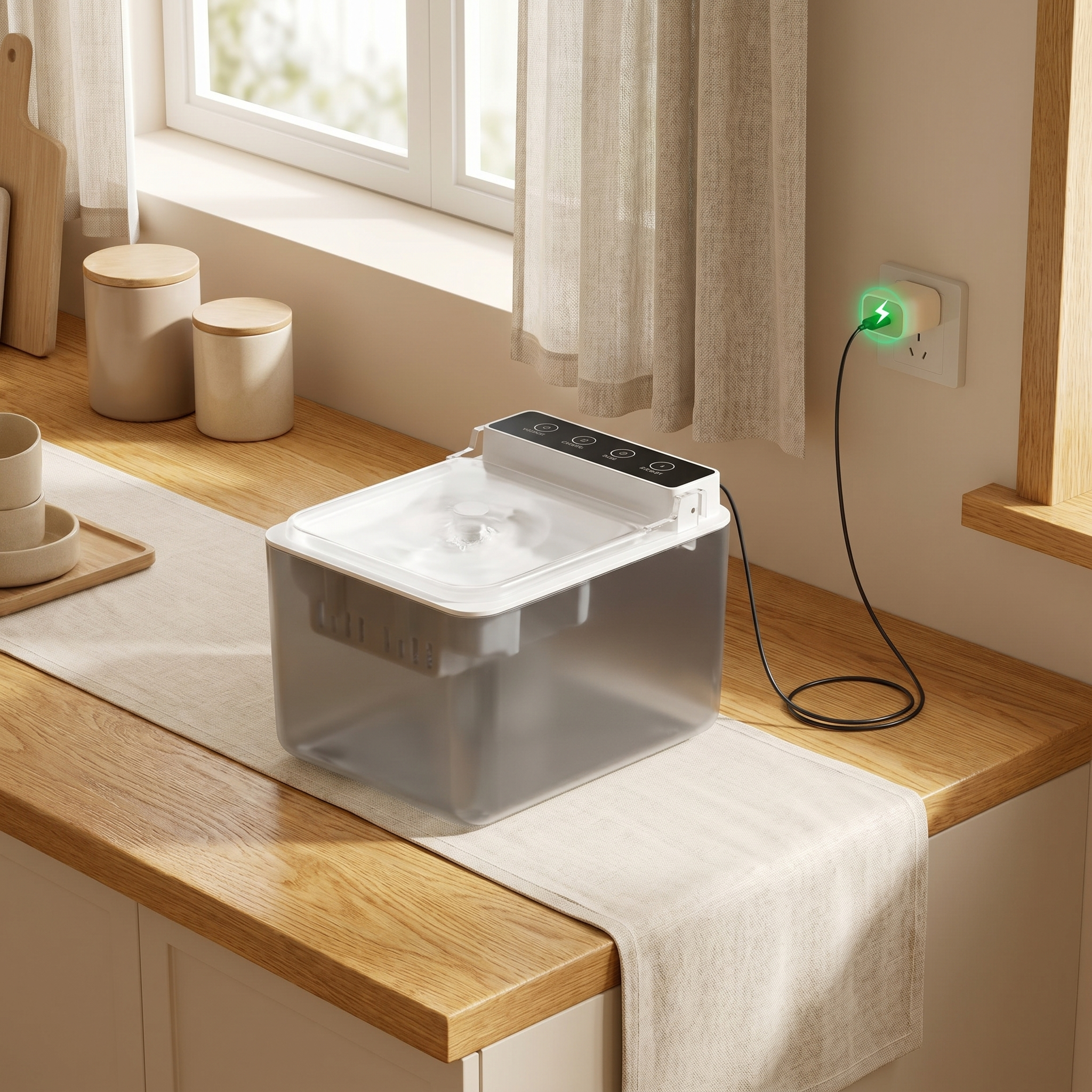 Quiet pet water fountain with flowing water, placed on kitchen counter near window, plugged in and running