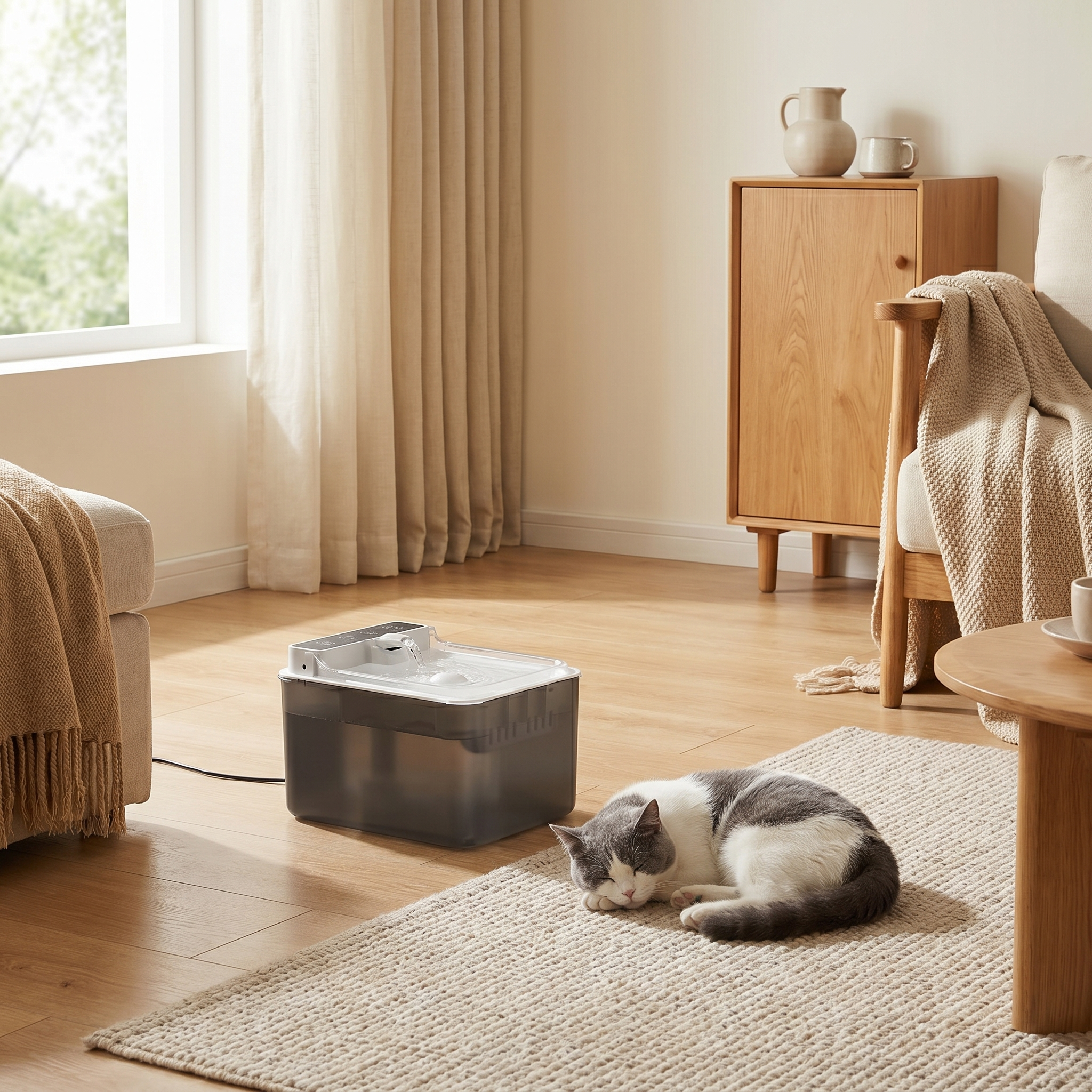 Gray and white cat napping beside automatic pet water fountain in cozy living room
