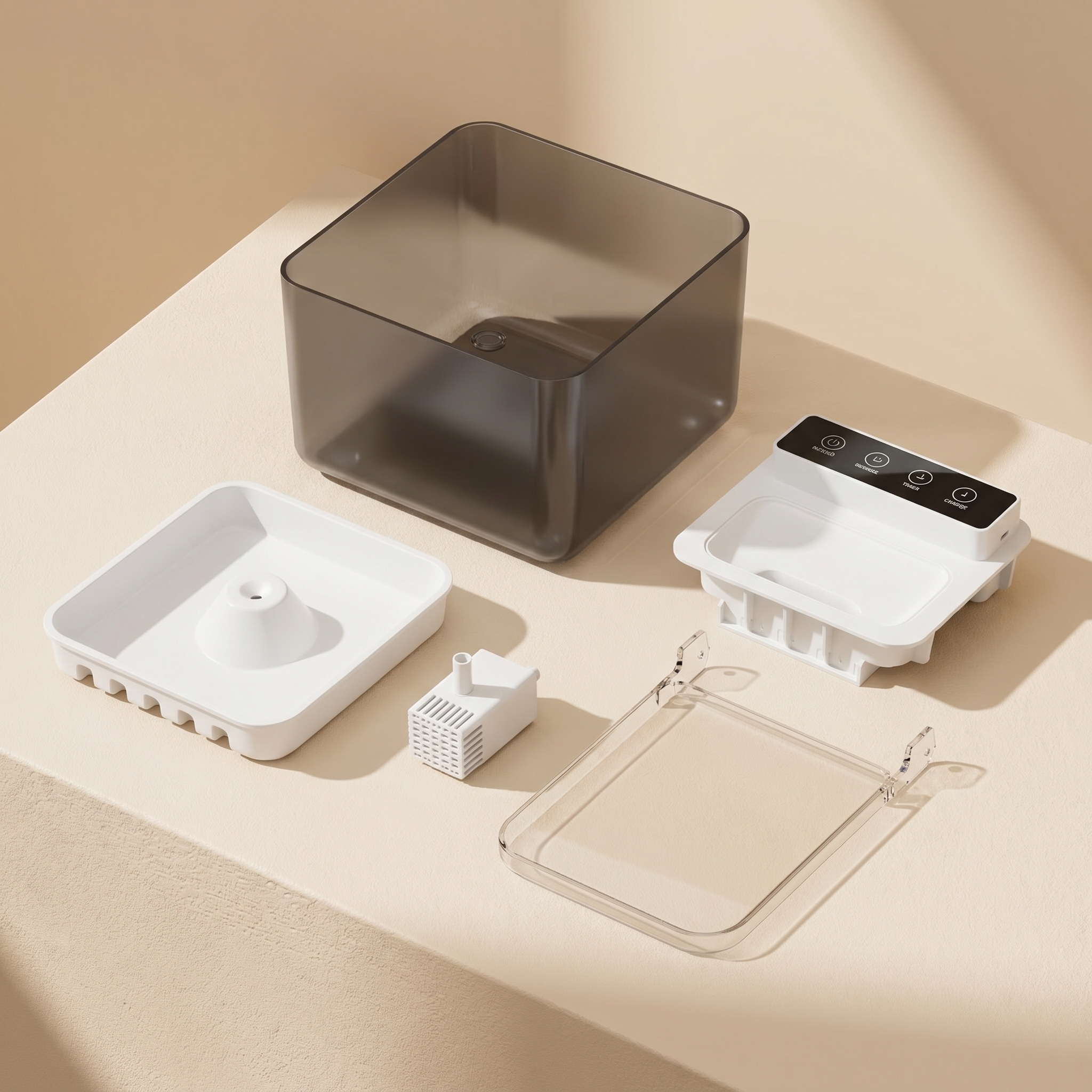Smart pet water fountain components with timer, filter, and reservoir for cats and dogs