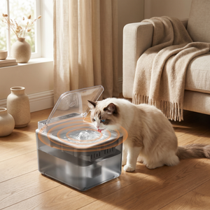 Cat drinking from quiet, filtered pet water fountain in cozy living room