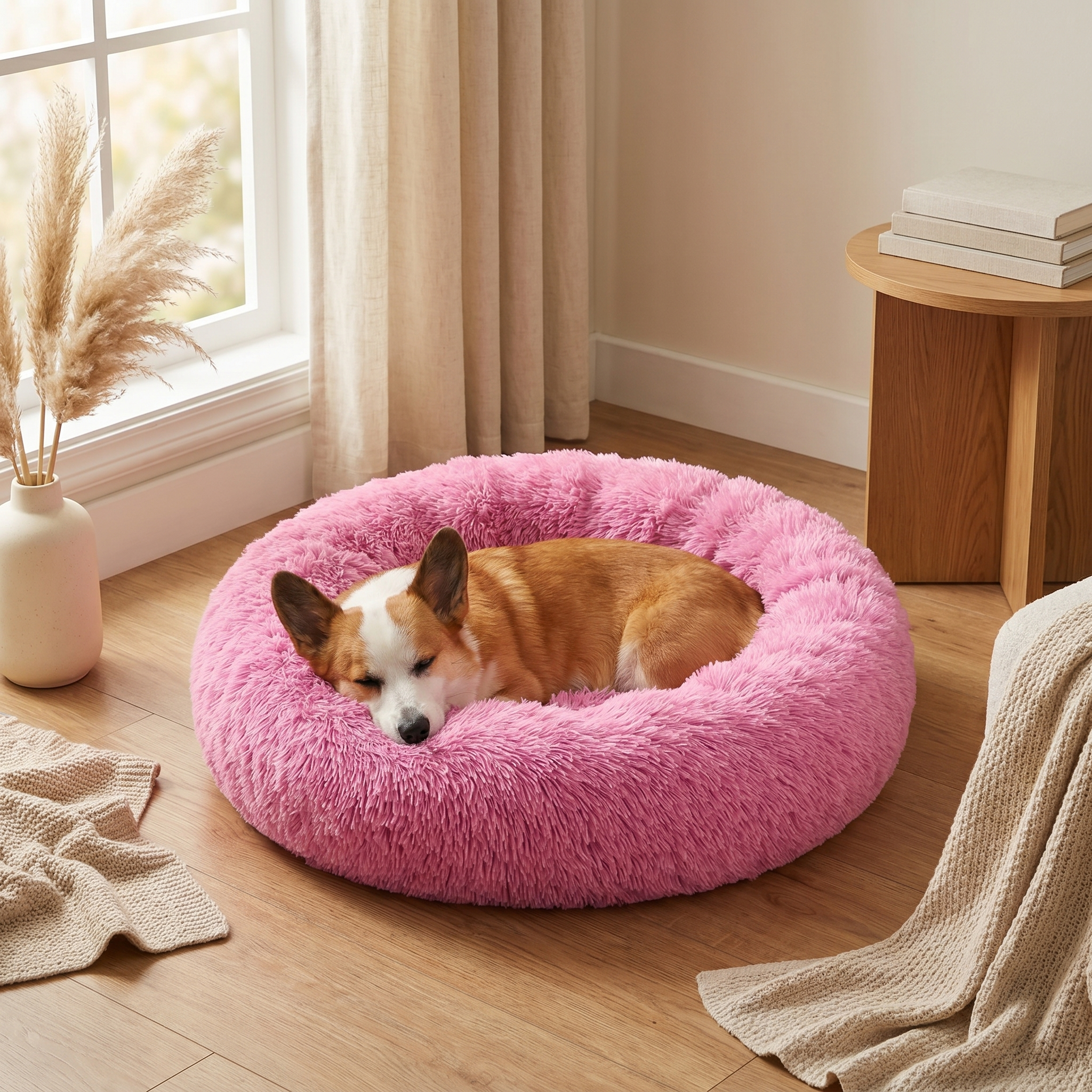 Cozy pink fluffy dog bed with Corgi sleeping peacefully near window, perfect for pet comfort and relaxation.