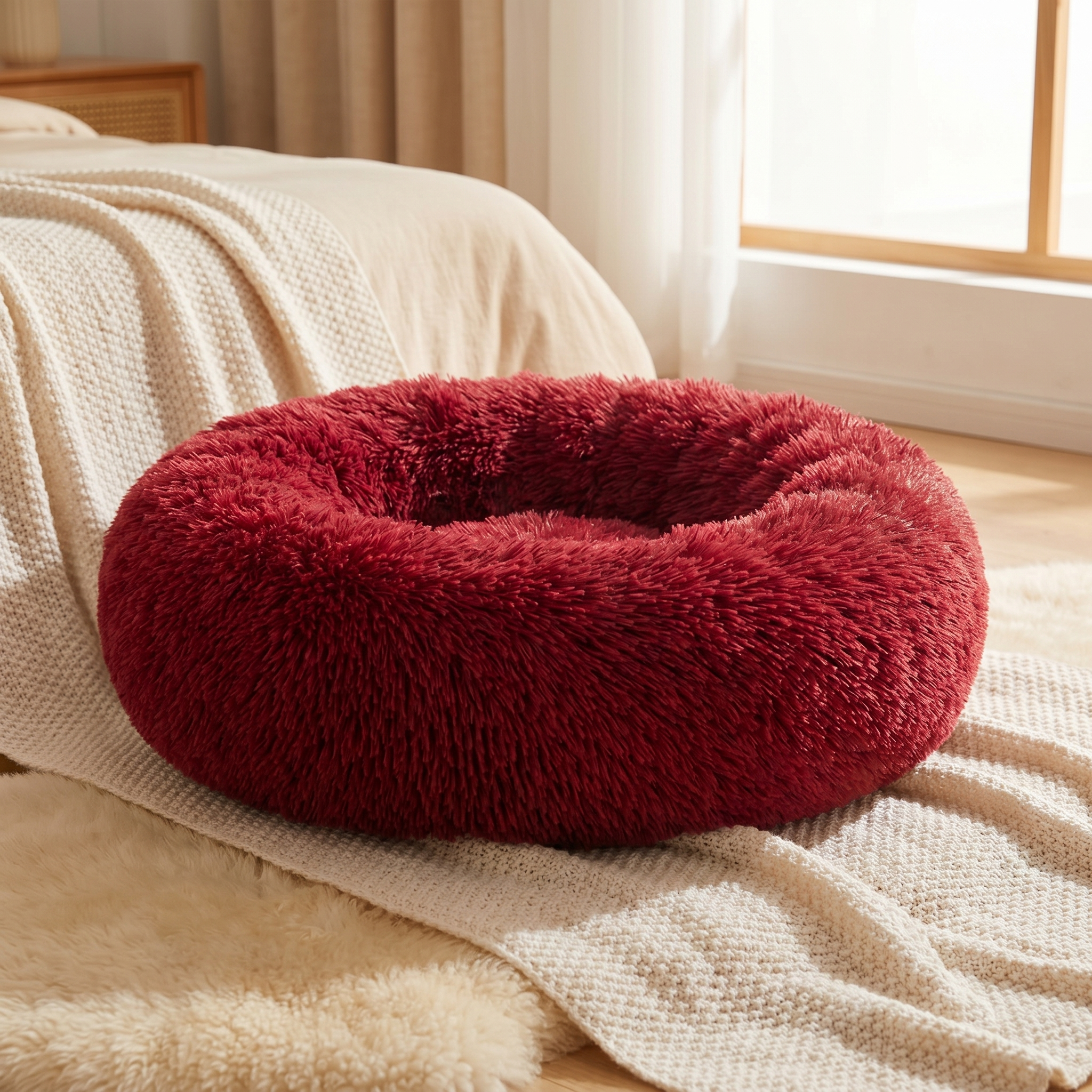 Plush red donut cat bed for cozy pet comfort, perfect for cats & dogs in home settings