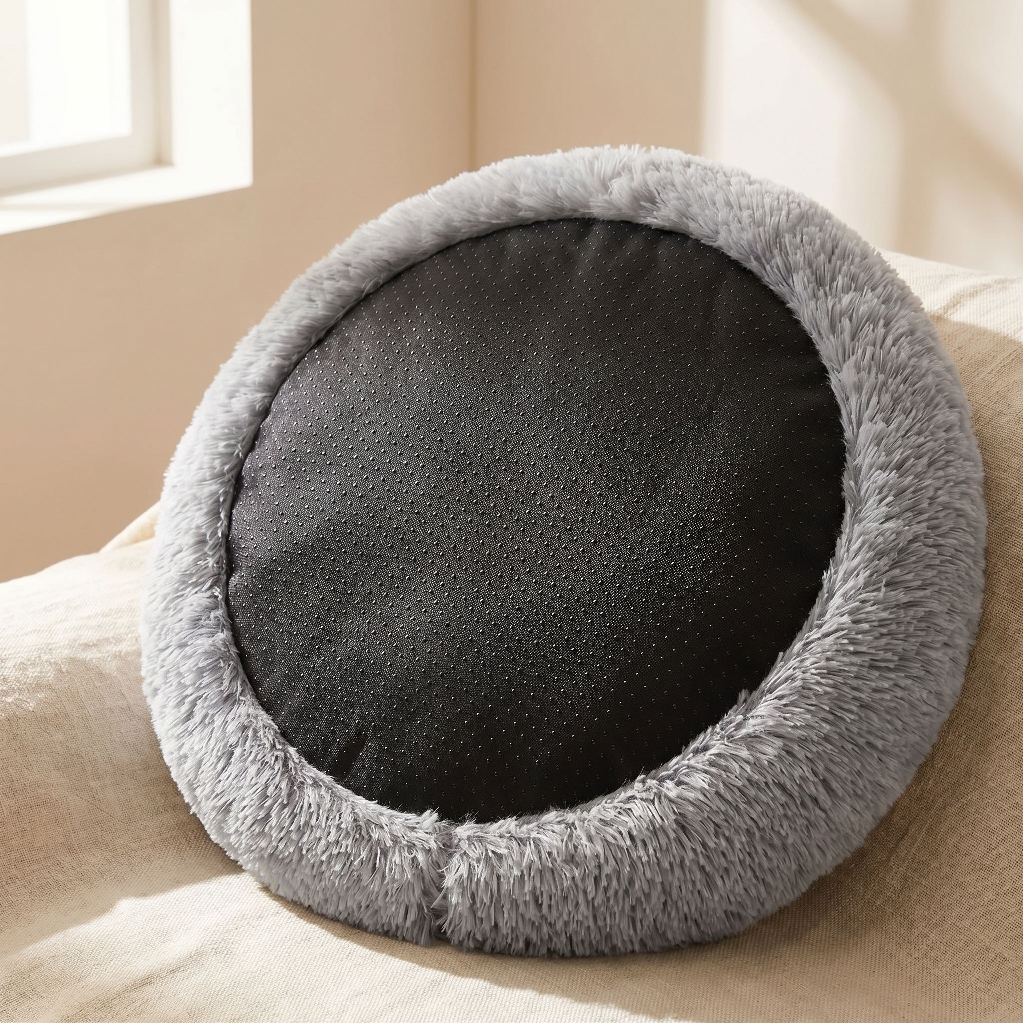 Cozy round pet bed with plush gray rim and black dotted cooling mat, perfect for cats and dogs.