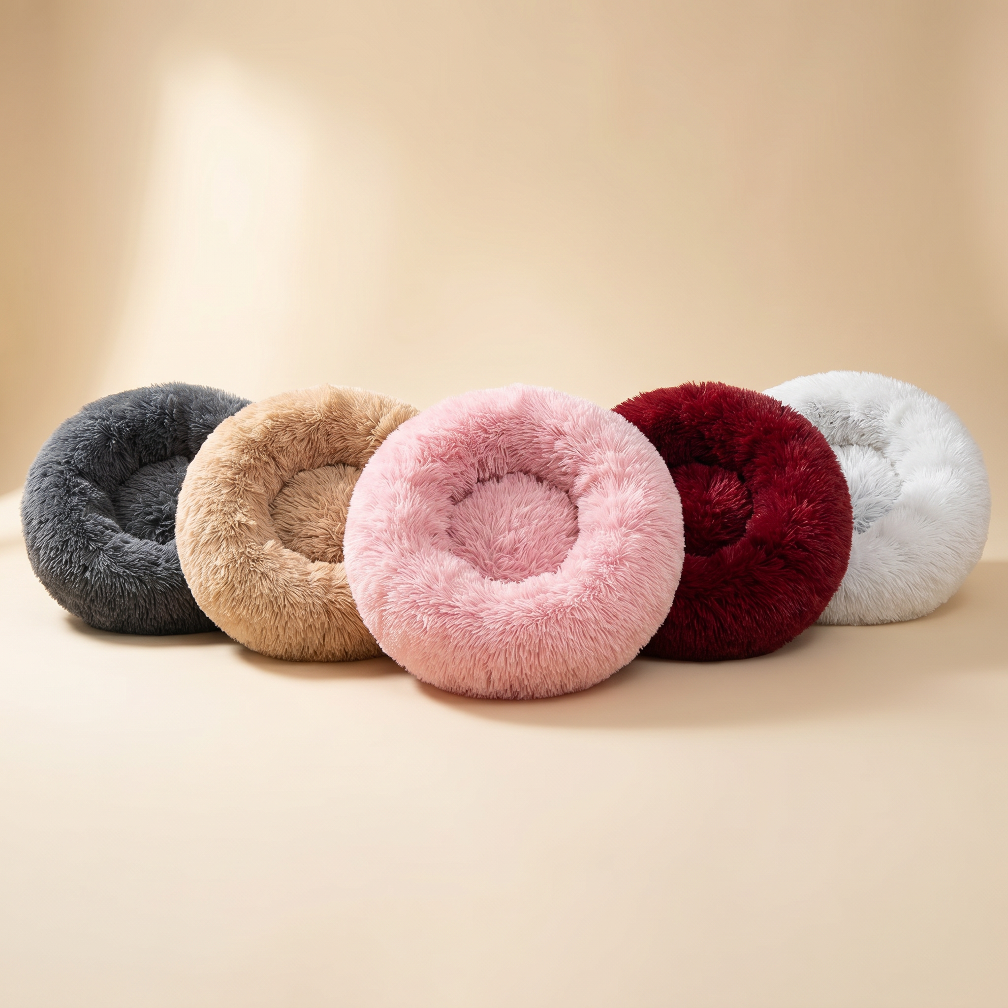 Fluffy donut pet beds in gray, tan, pink, red, and white for cozy cat & dog comfort