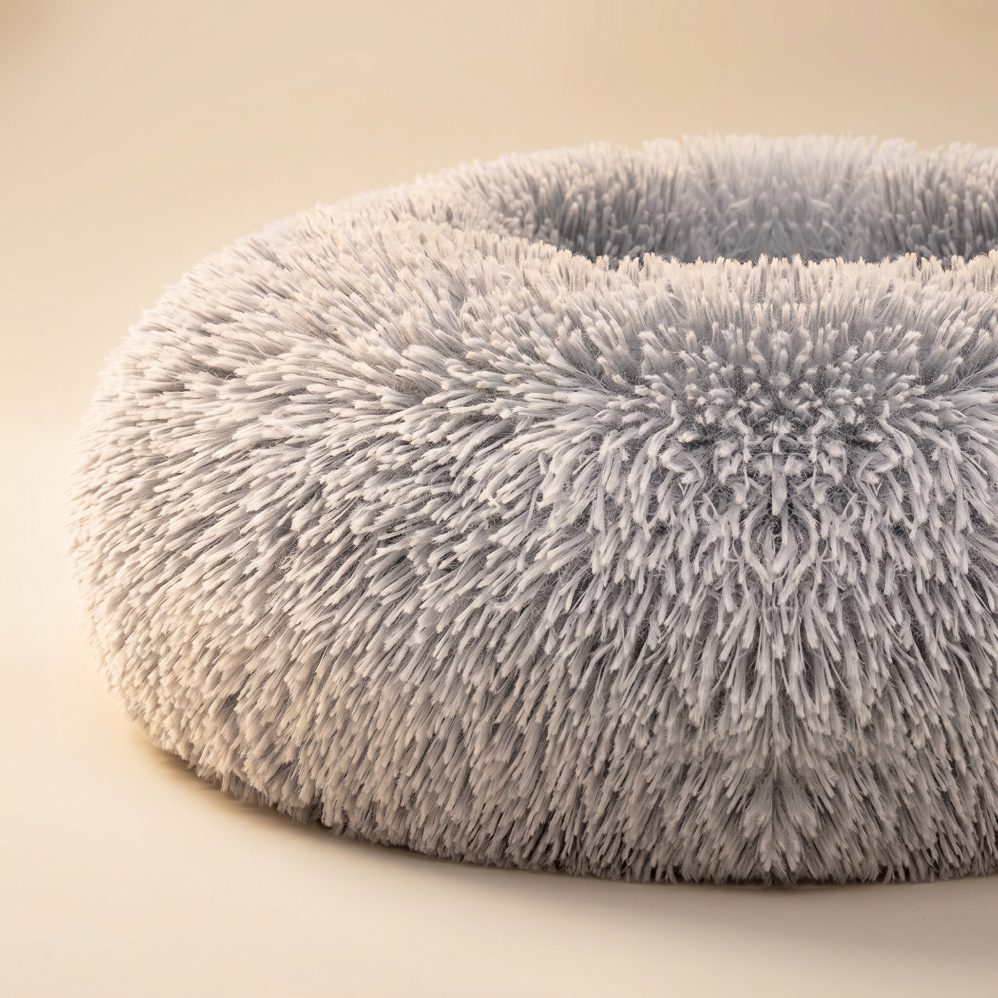 Ultra-soft gray fluffy pet bed for cats and dogs, cozy comfort design