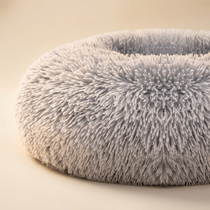 Ultra-soft gray fluffy pet bed for cats and dogs, cozy comfort design