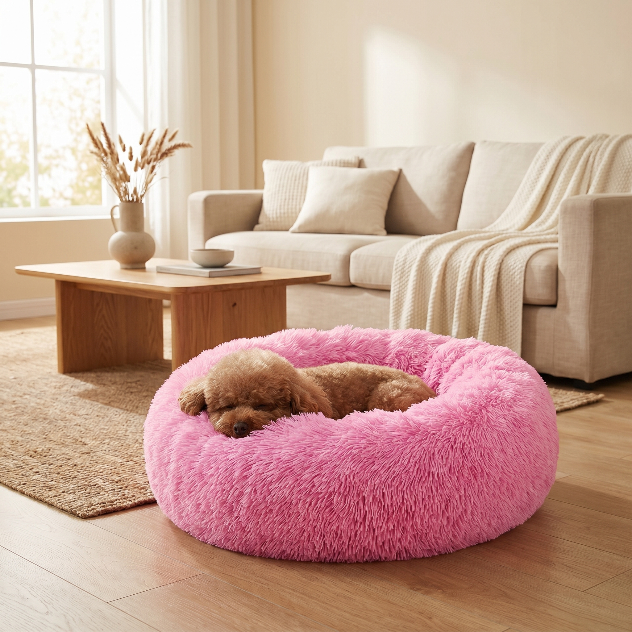 Fluffy pink dog bed with cozy poodle sleeping in living room, soft pet comfort for dogs