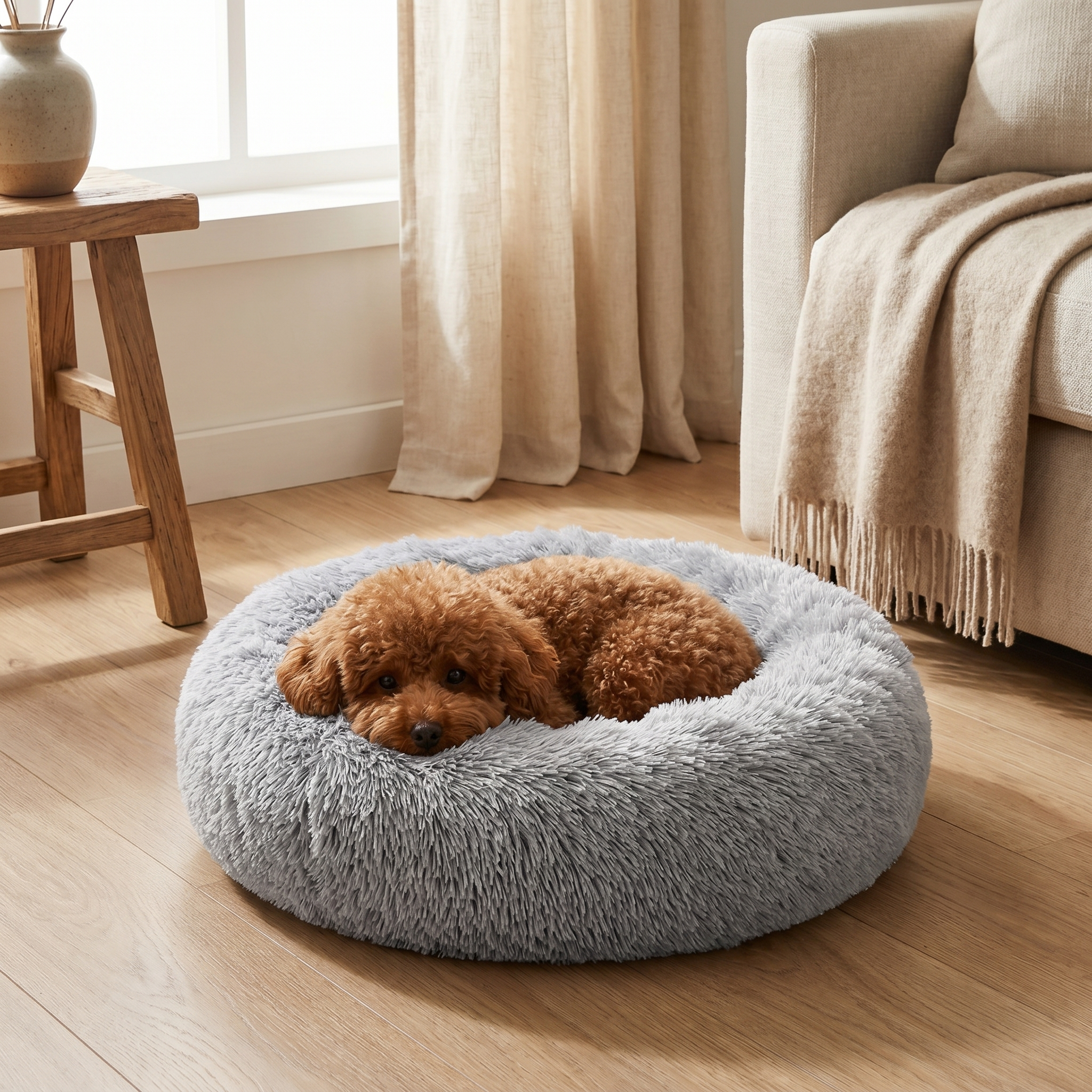 Fluffy gray dog bed with cozy poodle resting, perfect for pet comfort in living room