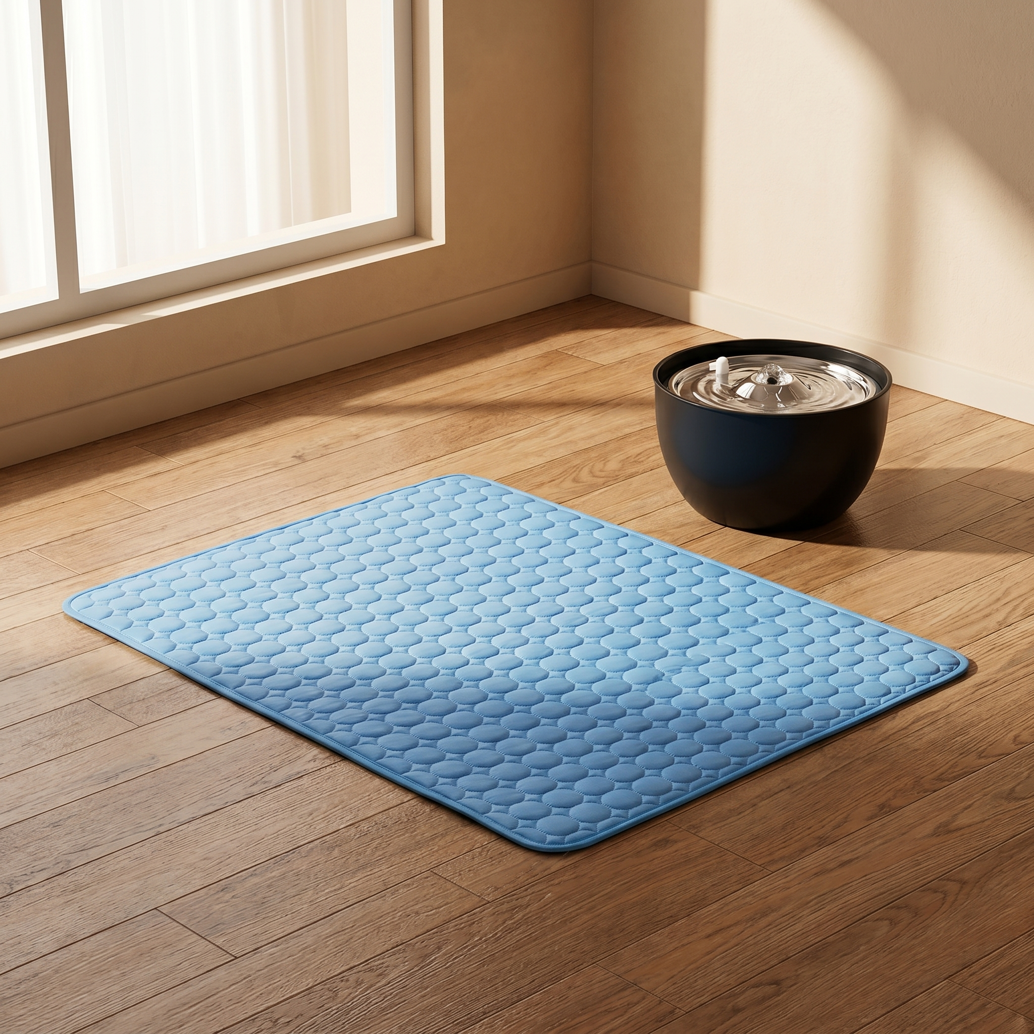 Blue quilted cooling mat for cats and dogs beside a pet water fountain on hardwood floor near window