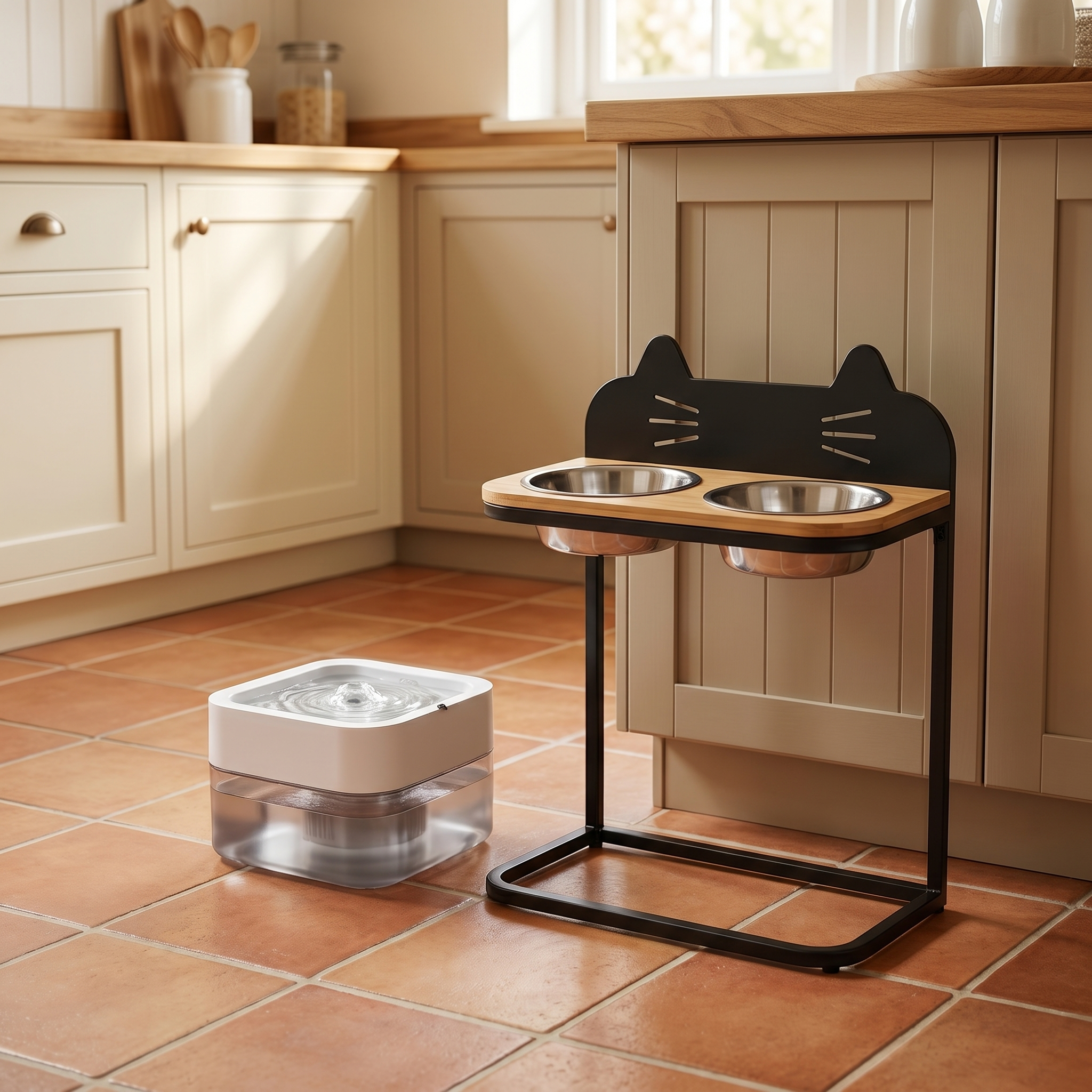 Cat water fountain and elevated double bowl feeder in cozy kitchen setting for pets