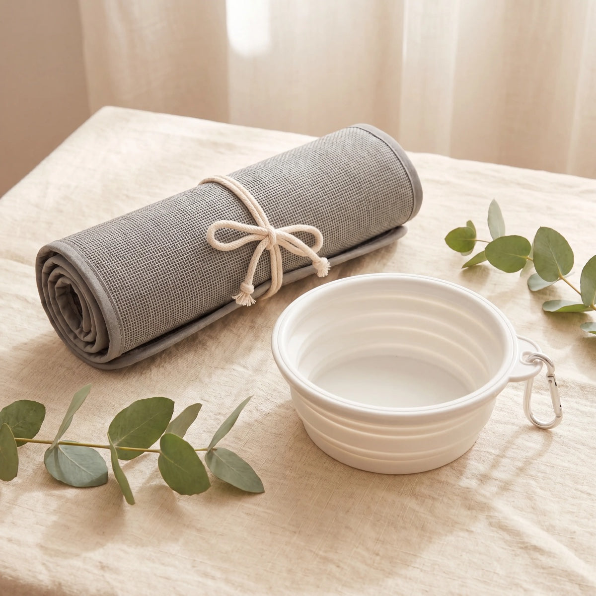 Summer Cool Kit — rolled cooling mat and travel water bowl with eucalyptus