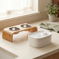 Hydration Set — automatic water fountain and elevated bamboo feeder on a kitchen counter