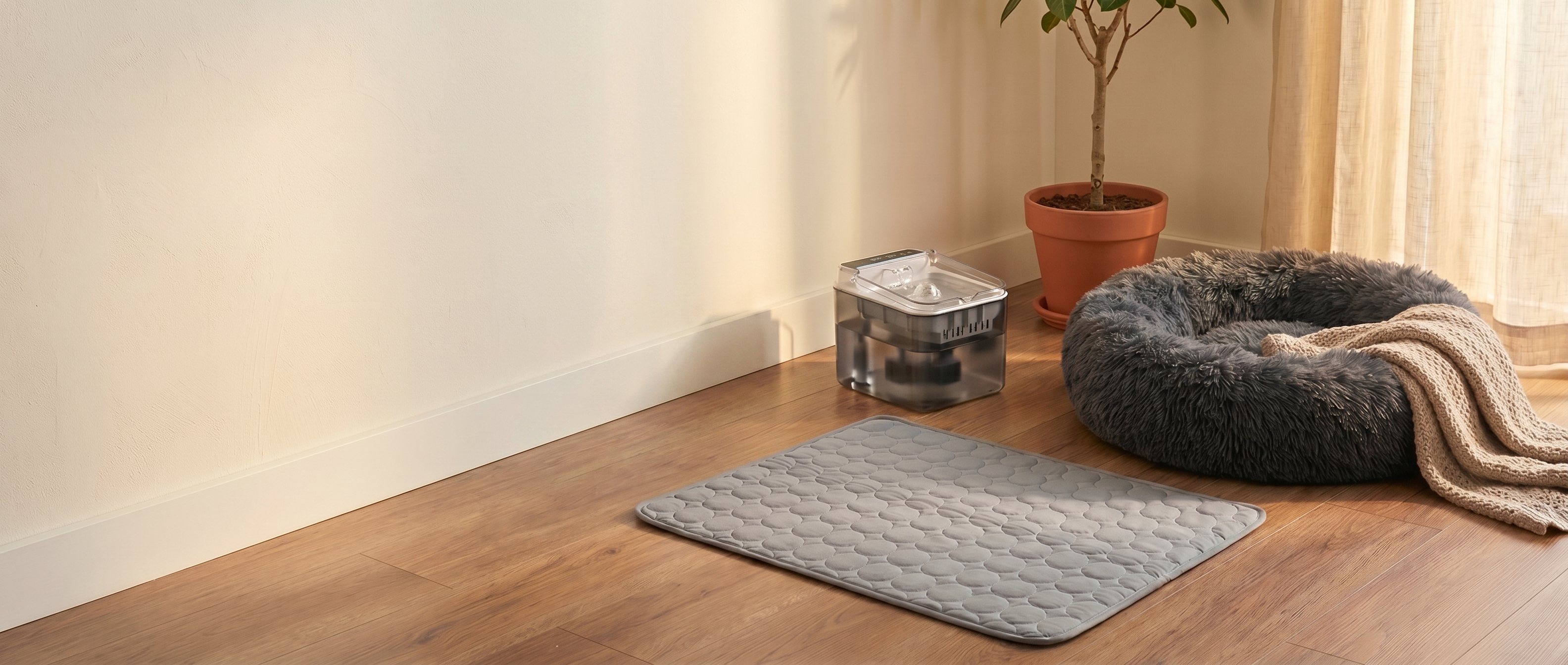 Gray cooling mat for pets beside cozy dog bed and water fountain in sunlit room