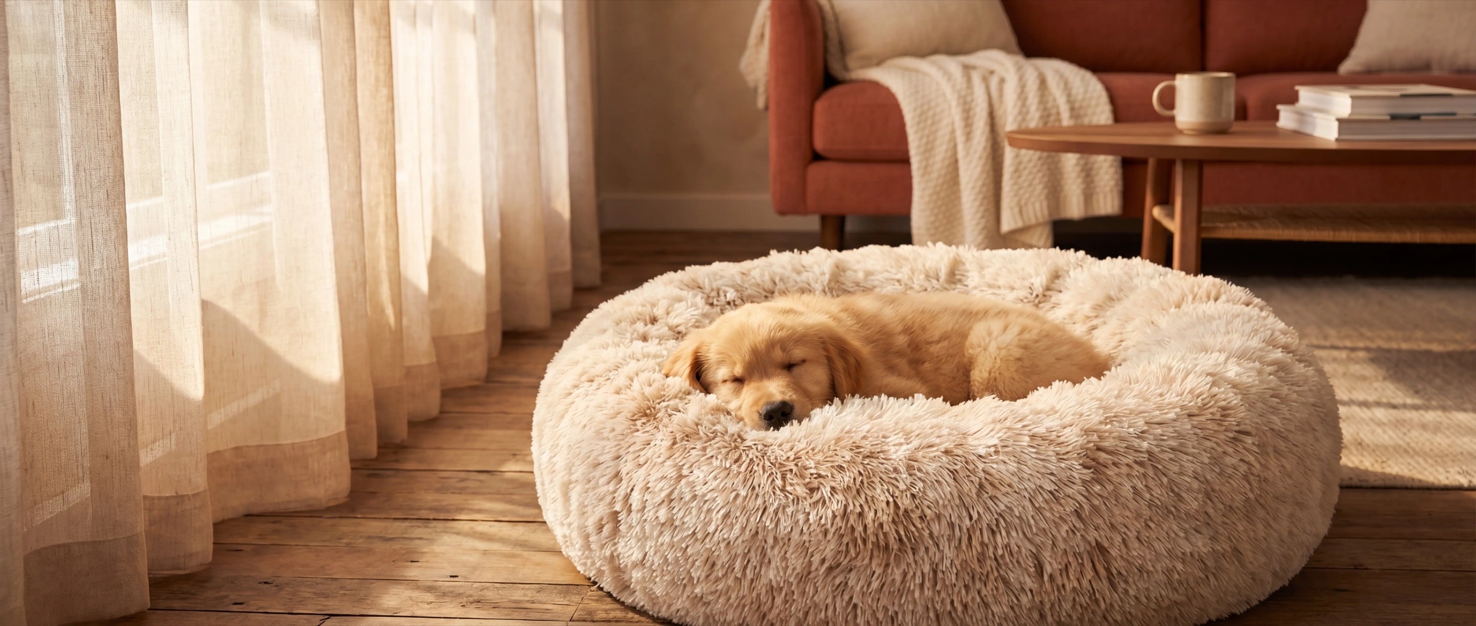 Golden retriever puppy sleeping in cozy, fluffy dog bed near sunny window in living room