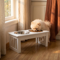 Fluffy Pomeranian eating from elevated white pet feeder with stainless steel bowls near sunny window
