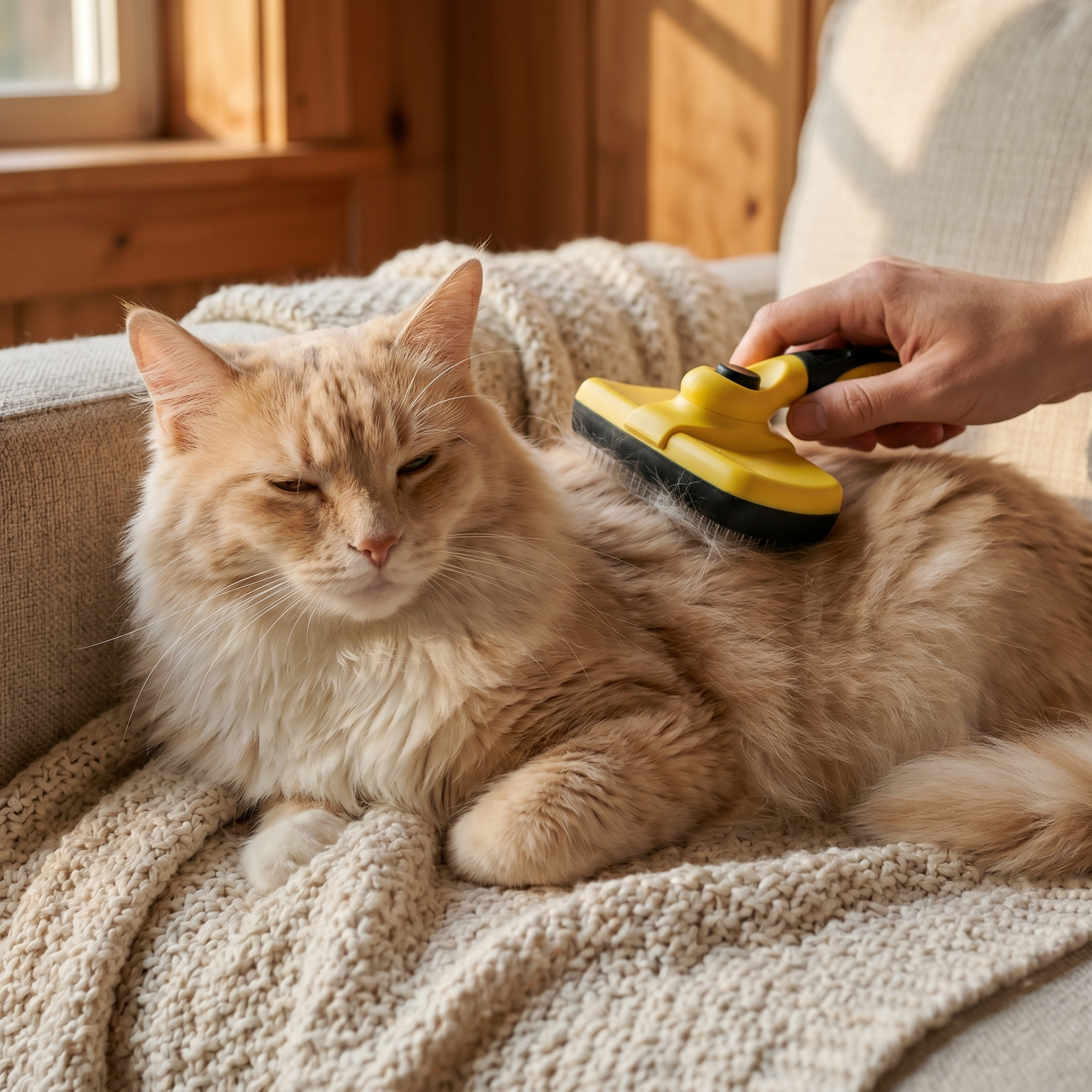 Fluffy orange cat relaxing on cozy blanket while being groomed with yellow deshedding tool