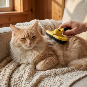 Fluffy orange cat relaxing on cozy blanket while being groomed with yellow deshedding tool