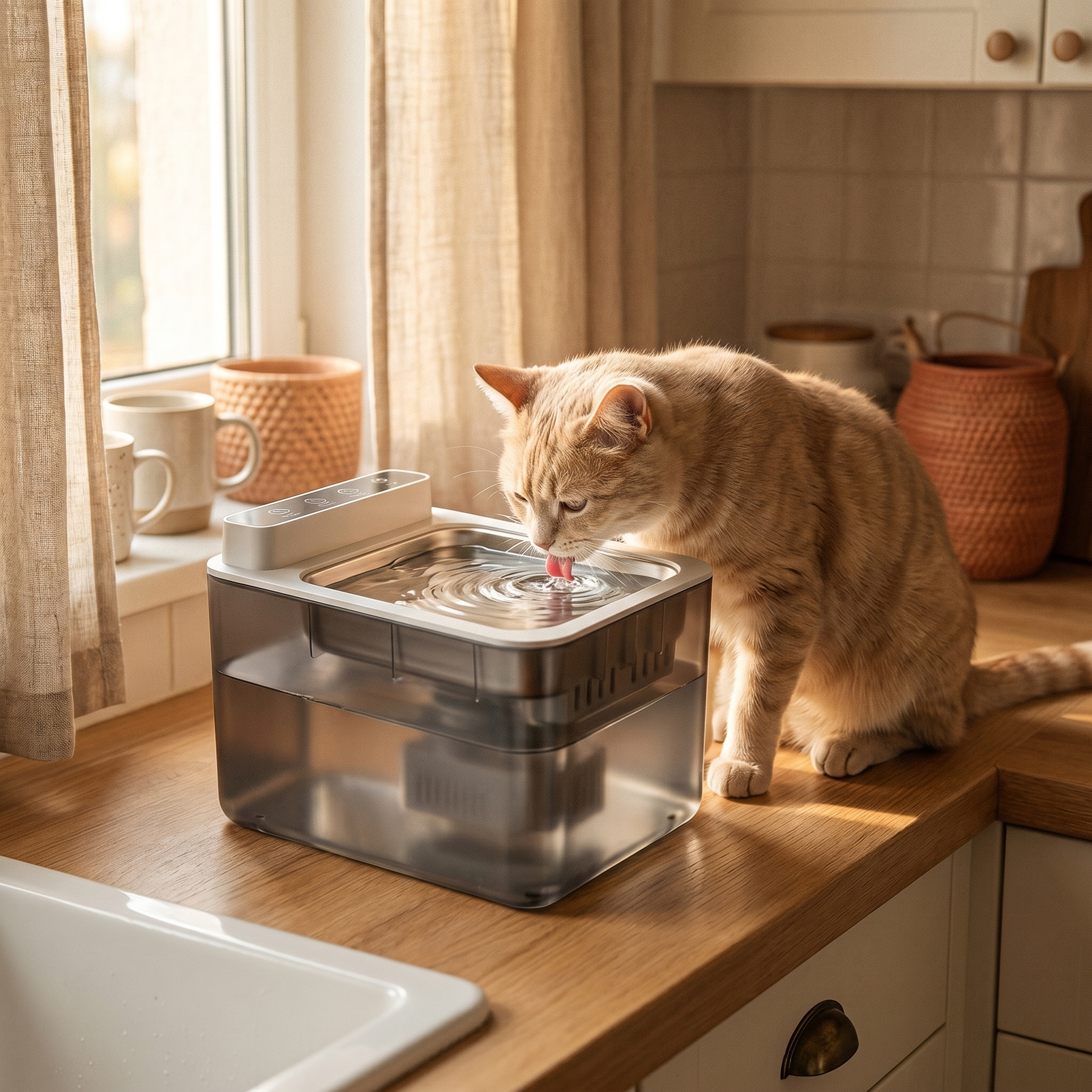 Orange tabby cat drinking from automatic pet water fountain on kitchen counter