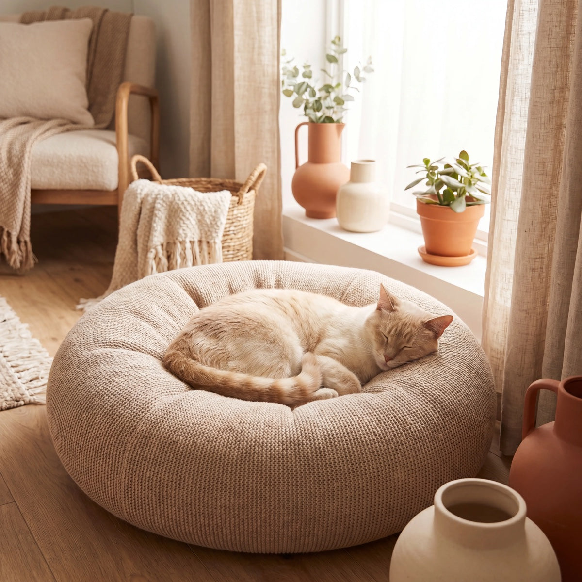 Cozy knit cat bed with sleeping tabby cat, perfect for pet comfort near sunny window